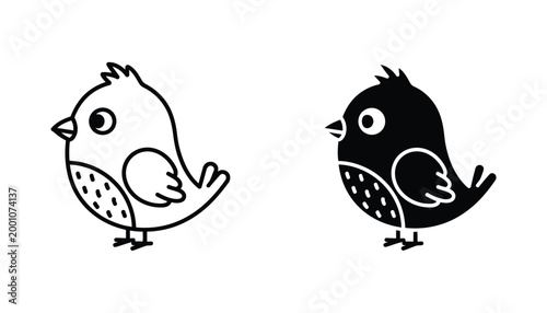 Cute cartoon bird icon set in outline and solid styles for children and educational design projects