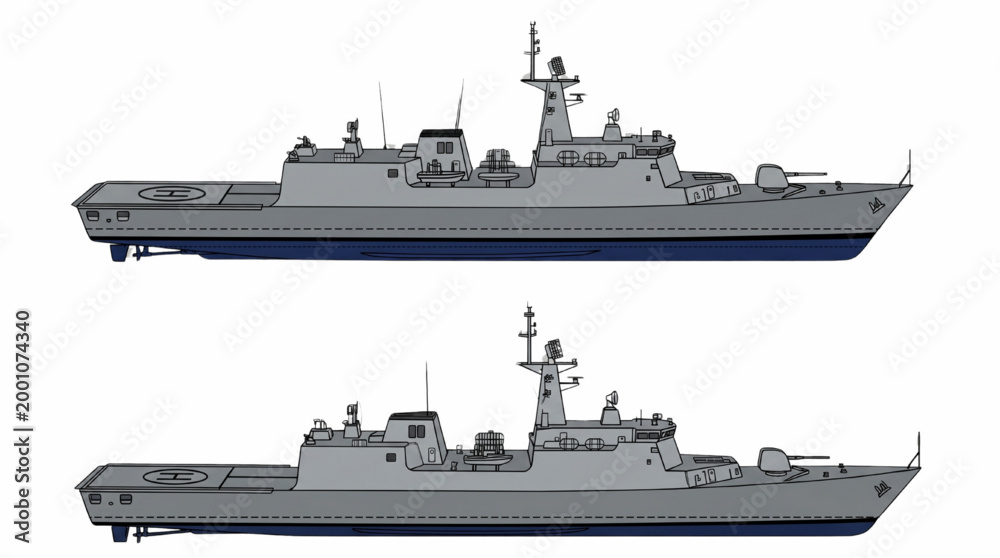 Fototapeta premium Offshore Patrol Vessel CAD Vector, Side Profile Technical Line Art Naval Ship