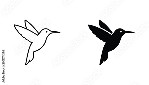 Hummingbird flying icon set in outline and solid styles for nature and wildlife graphic design