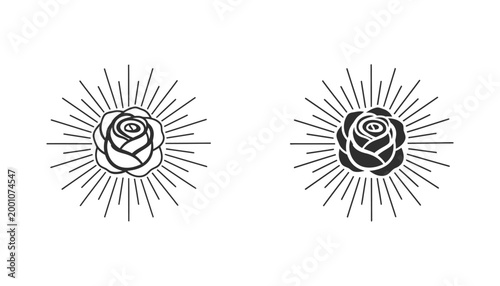 Rose with radiating lines outline and solid silhouette vector art isolated on white background