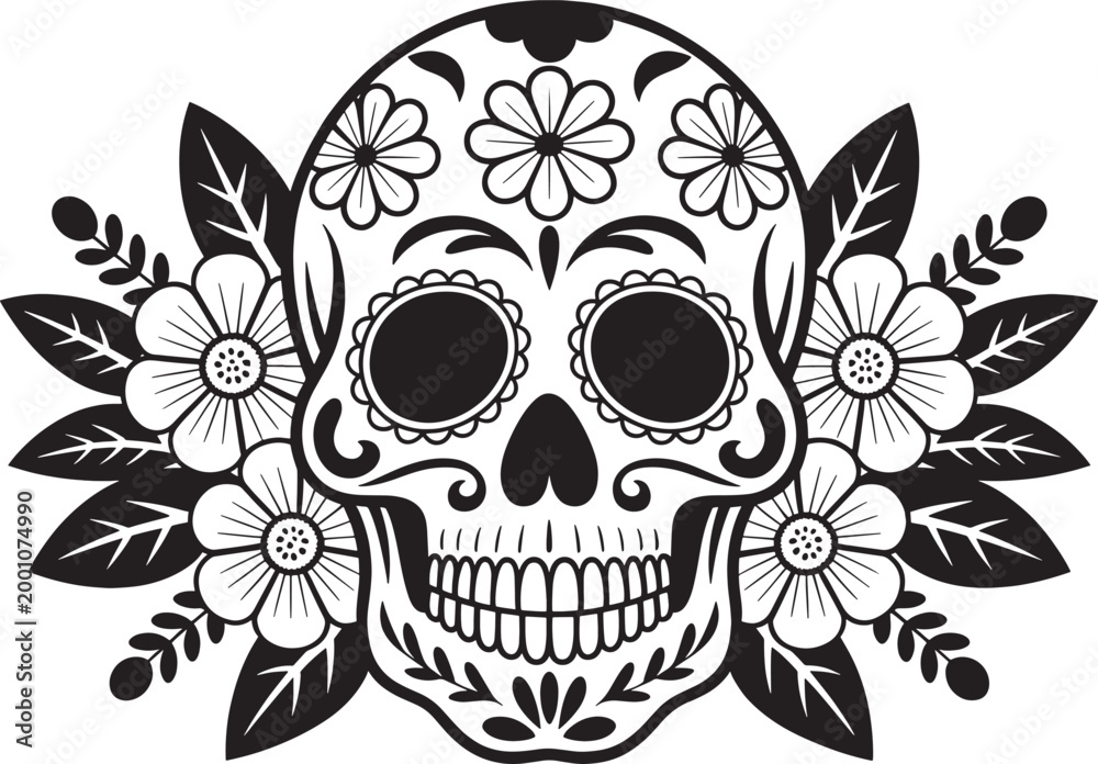 Fototapeta premium Mexican sugar skull with flowers and leaves silhouette vector illustration for day of dead festival.