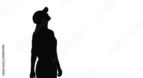 Minimalist vector silhouette illustration of a young woman wearing a cap looking up towards above