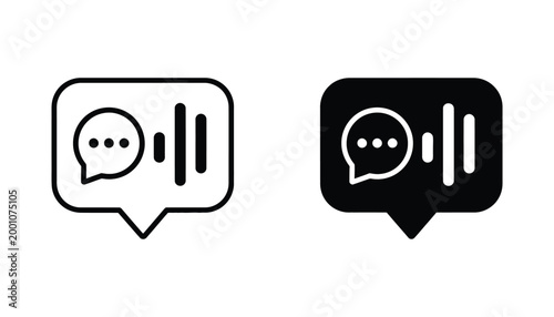 Voice message bubble icon set with sound waves in outline and solid styles for communication design