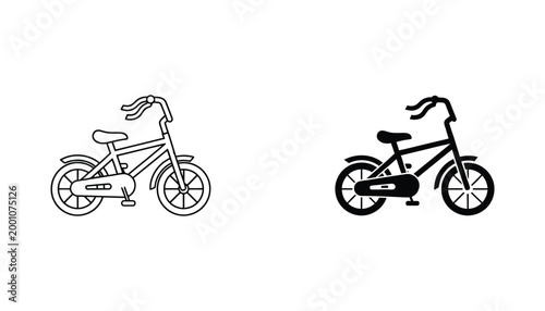 Childrens bicycle outline and solid black silhouette vector graphic for kids transport or recreation