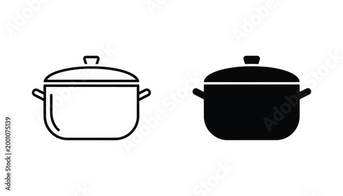 Cooking pot outline and solid black silhouette icon representing food preparation or kitchenware