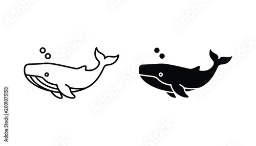 Whale with bubbles outline and solid silhouette vector cartoon illustration isolated on white background