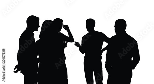 A silhouetted vector illustration of a group of people engaged in conversation and discussion