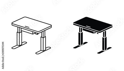 Adjustable standing desk isometric outline and solid black vector illustration isolated on white