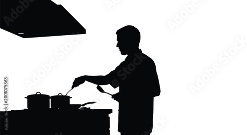 Professional chef silhouette cooking delicious food on a modern stove in this vector graphic illustration design