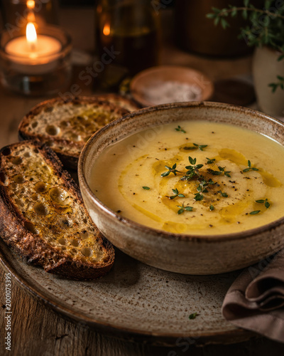 Creamy vegetable soup with toasted bread rustic style