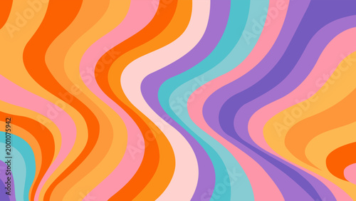 Abstract wavy background with flowing curves in orange, yellow, pink, purple, and blue. Retro psychedelic style, perfect for covers, wrapping paper, posters, packaging, and digital design projects.