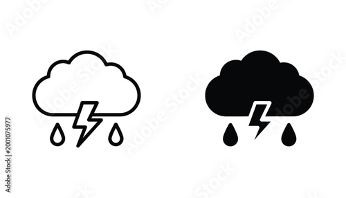 Storm cloud with lightning bolt and raindrops outline and solid silhouette vector illustration
