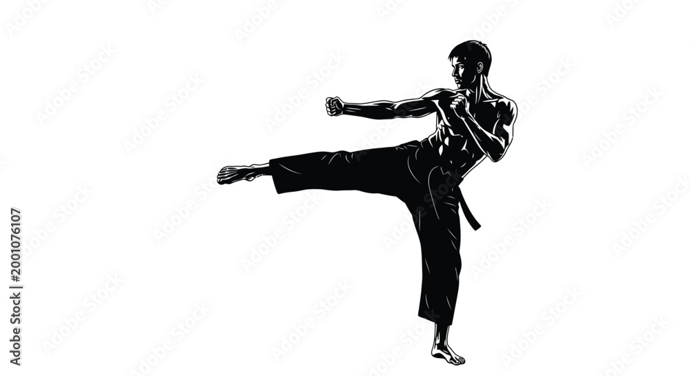 Obraz premium Striking black and white vector illustration of a martial artist performing a powerful side kick in mid-action pose