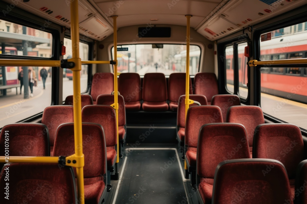 Fototapeta premium Empty city bus interior with rows of red seats and yellow poles. Passengers wait at urban station through windows. Clean vehicle for daily commute. Modern public transport for city travel.