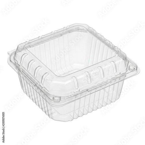 Clear plastic clamshell container with lid isolated on transparent background