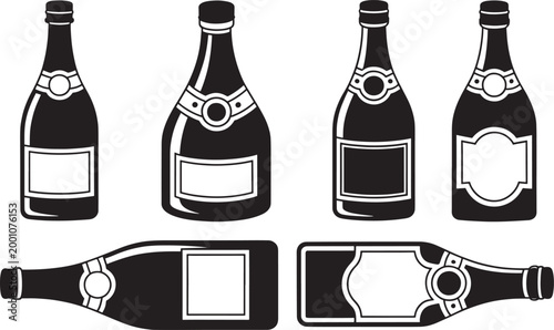 Set of champagne bottles vector black silhouettes different shapes with blank labels isolated on transparent background.