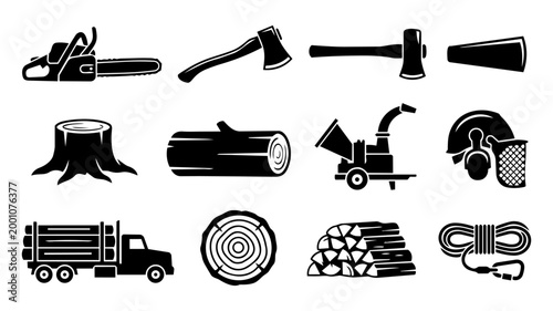 Forestry Equipment and Logging Tools Icon Set – Chainsaw, Axe and Wood Industry Silhouettes