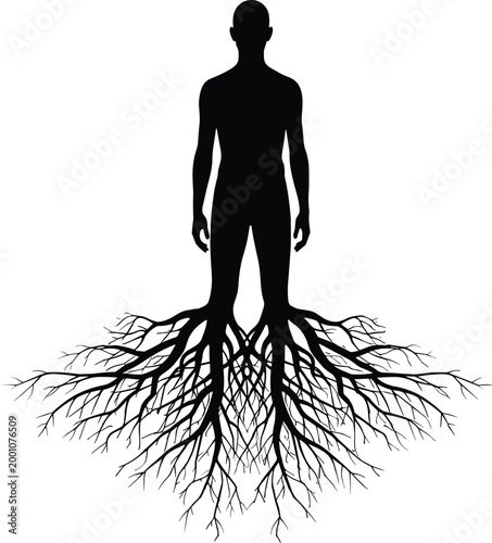 Conceptual black silhouette of a human figure with growing tree roots symbolizing ancestral heritage family foundation and deep connection to nature