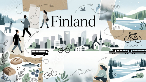 Finland travel concept collage with flat vector illustrations and landmarks