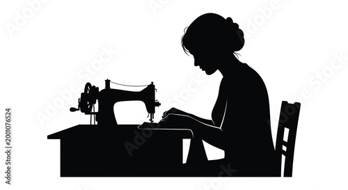 Silhouette of a woman sewing with a vintage sewing machine craftsmanship and domesticity