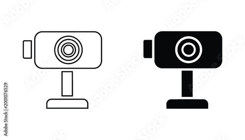 Minimalist outline and solid black icon of a modern webcam or video camera mounted on a stand signifying digital communication and recording