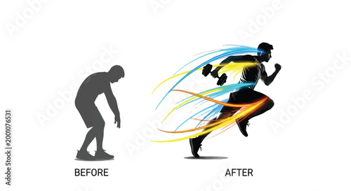 Man's fitness journey depicting transformation from exhaustion to powerful, energetic running and strength