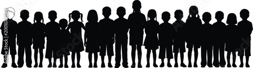 Large group of diverse children silhouettes standing in a row featuring boys and girls isolated on white background for educational concepts