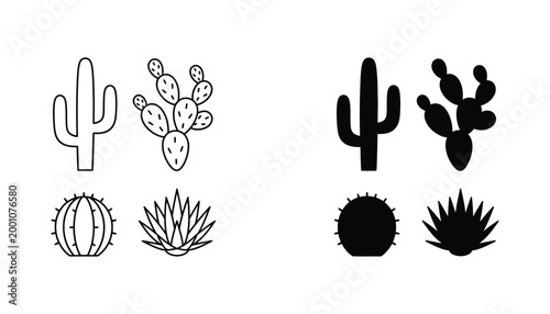 Set of cactus icons outline and filled silhouette isolated on white background vector graphic