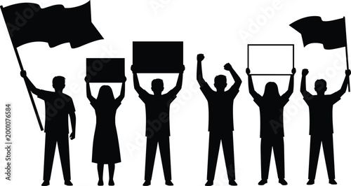 Set of black silhouettes featuring a group of protesters holding blank placards and flags isolated on white background