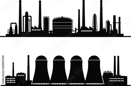 Set of industrial factory silhouettes including oil refinery power plant and nuclear station with cooling towers and chimneys