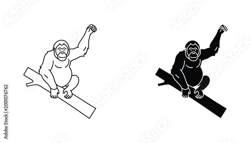 Stylized outline and solid black silhouette of an orangutan hanging from a branch symbolizing wildlife and primates