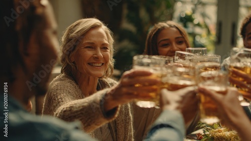 Friends Toasting with Beer at Outdoor Gathering