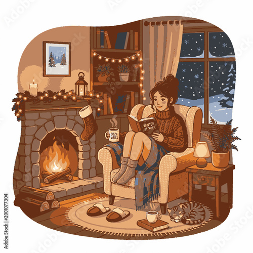 A cozy illustration of a person enjoying a book by the fireplace on a cold snowy night