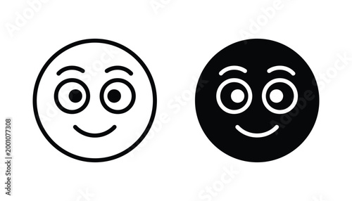 Simple smiling face icon outline and solid black version on white background vector graphic
