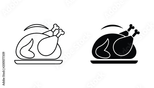 Outline and solid black icon of a roasted chicken or turkey on a platter symbolizing food and celebration