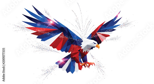 Majestic bald eagle designed with vibrant geometric polygons soaring through the bright white empty air