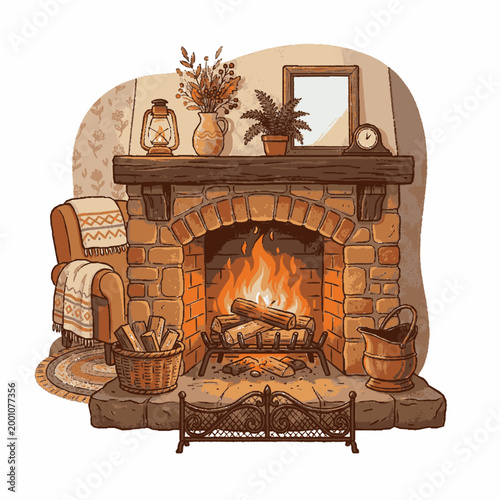 A cozy fireplace scene with a warm fire, logs and a rustic brick design