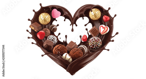 Luxurious chocolate heart splash with assorted gourmet confections and sweet treats