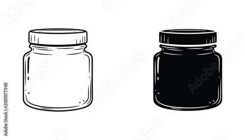 Line art and solid black glass jar icons representing storage container and packaging graphic design elements