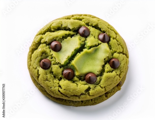 close up of a green tea matcha chocolate chip cookie isolated on a white background