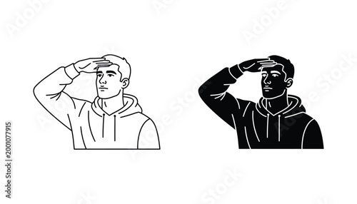 Man looking afar in outline and silhouette icons representing searching foresight and contemplation graphic design elements