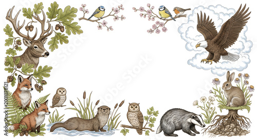 Vintage ornithological illustration birds mammals and botanical elements in a frame