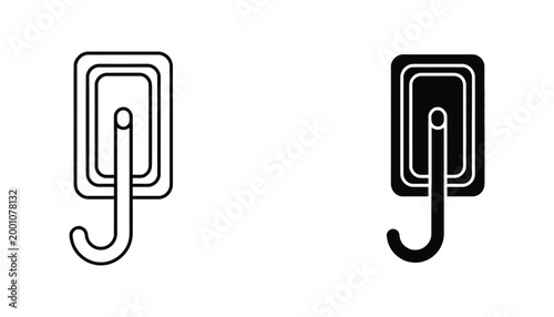 Wall hook outline and solid black icons representing hanging storage and utility graphic design elements