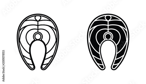 Fish steak outline and solid black icons representing seafood food and culinary graphic design elements