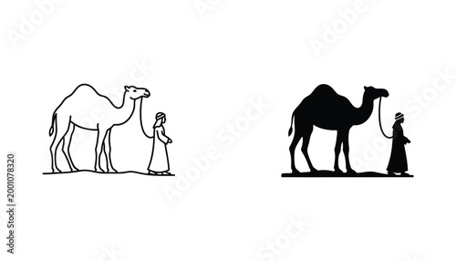 Line art and silhouette icons of a person with a camel in desert landscape