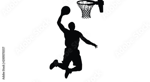 Energetic vector graphic showing a basketball player in mid-air about to slam dunk the ball.