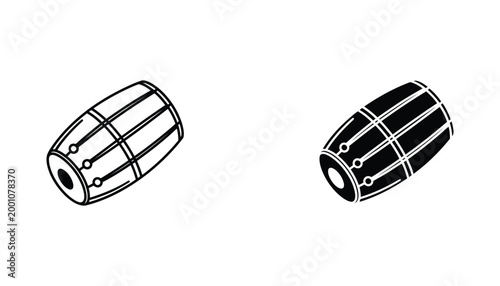 Drum icon line drawing and solid black silhouette for music and percussion