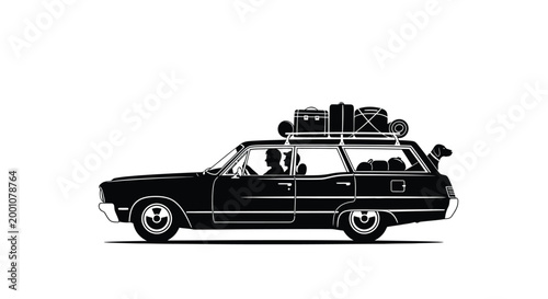 Vintage station wagon packed with luggage and a dog embarking on a road trip adventure illustration