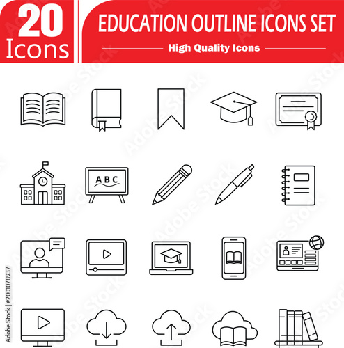 Education Line Icons Set | School, Online Learning, Book, Certificate, Graduation Vector Outline Icons