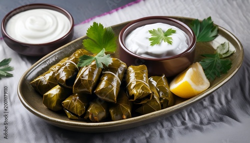 stuffed grape leaves dolma with yogurt and pickled onions n traditional mediterranean dish
